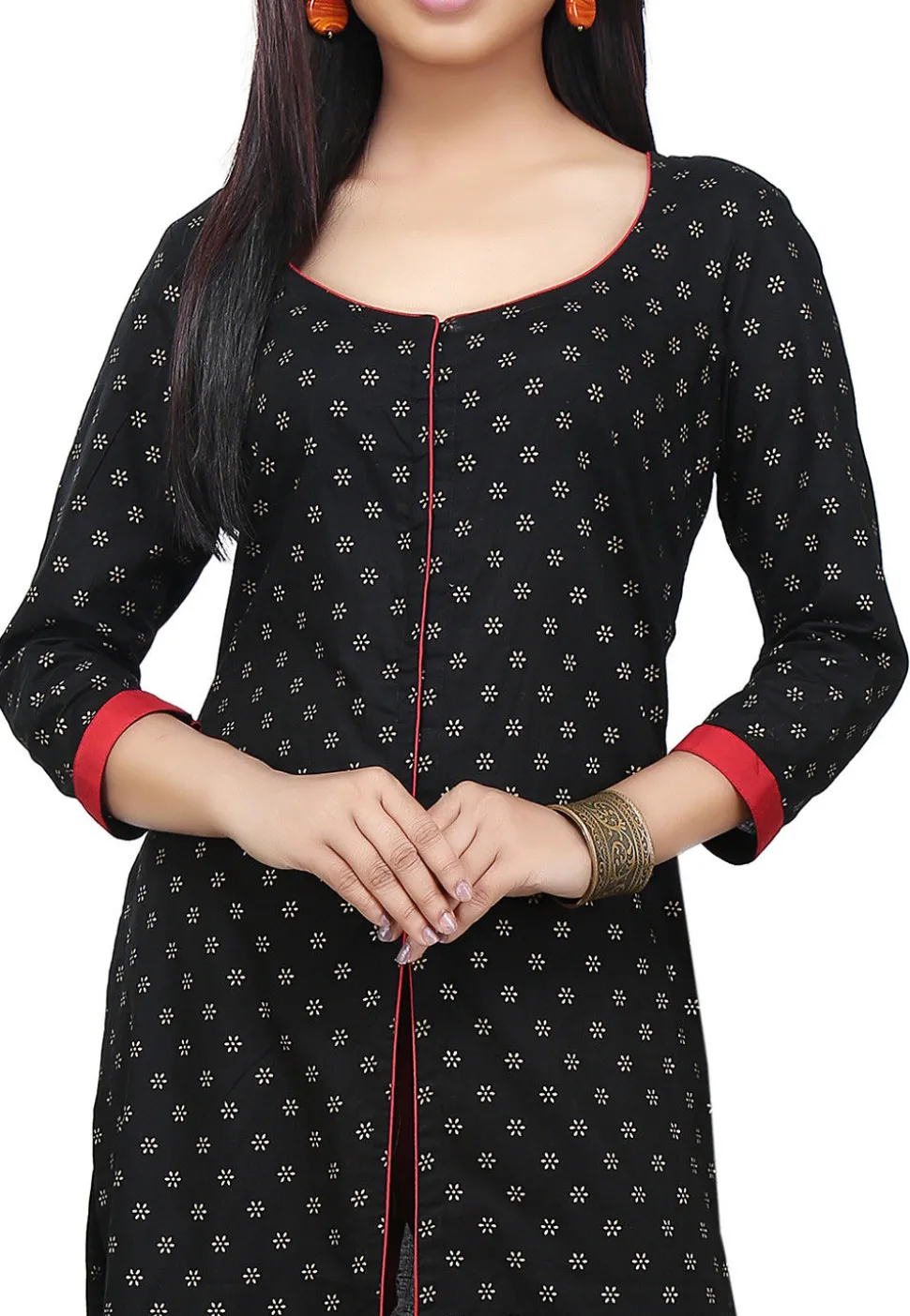 Block Printed Cotton Long Kurta in Black