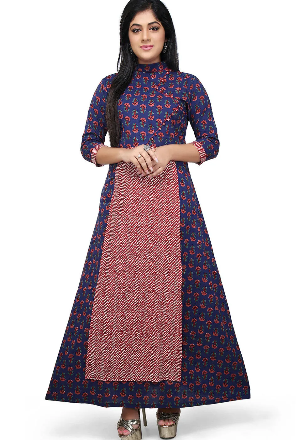 Block Printed Cotton Long Kurta in Blue and Red