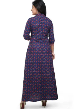 Block Printed Cotton Long Kurta in Blue and Red