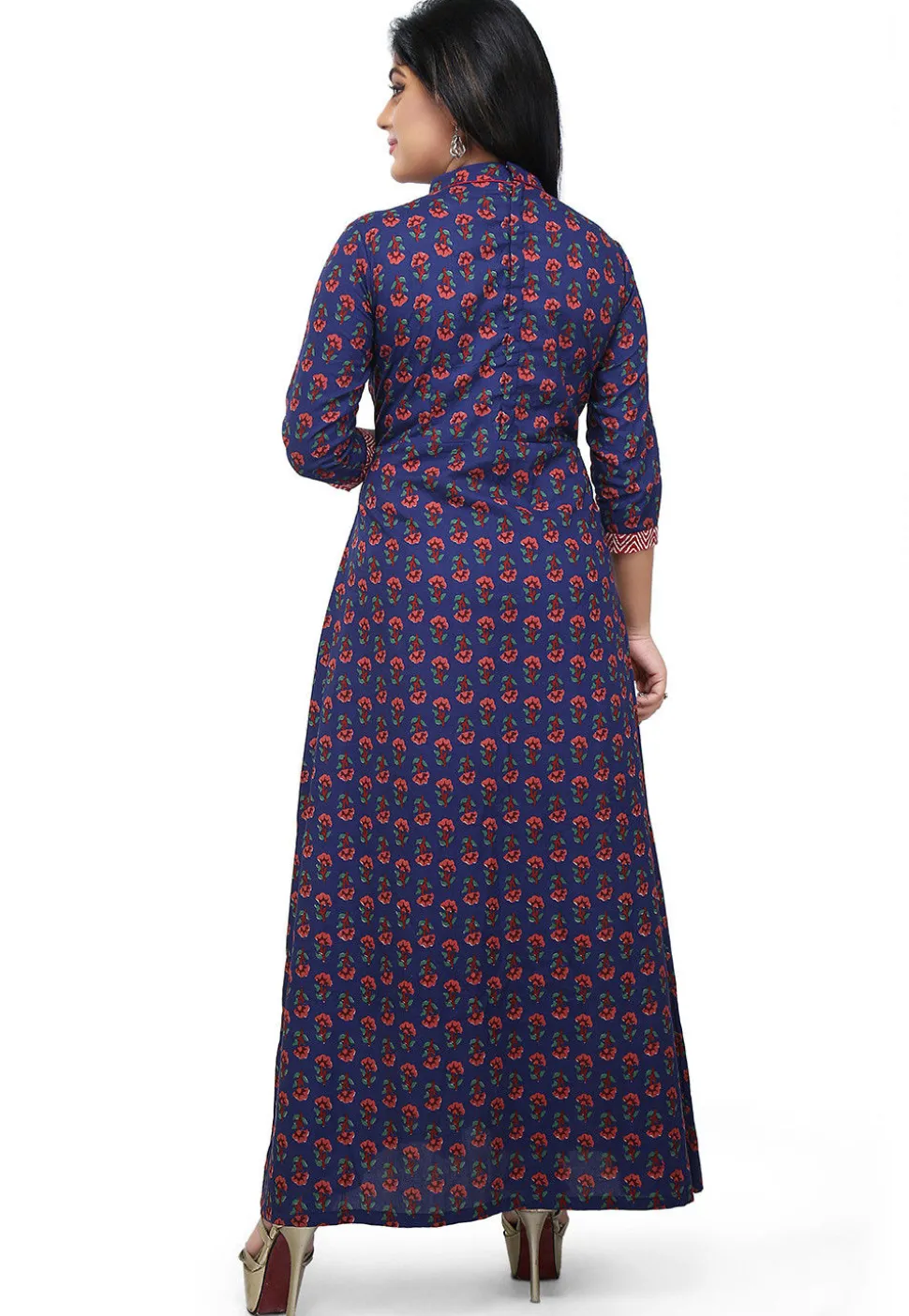 Block Printed Cotton Long Kurta in Blue and Red
