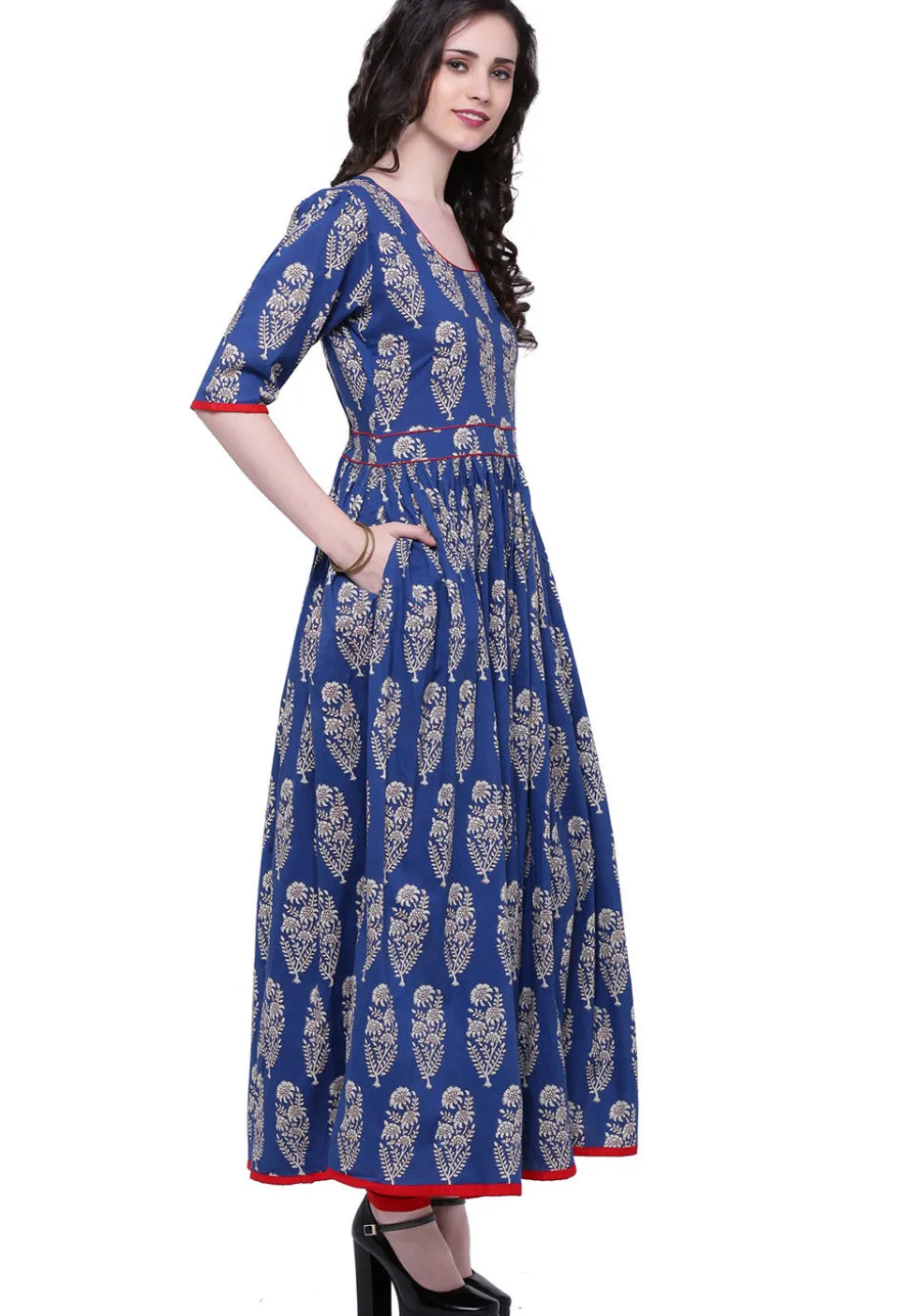 Block Printed Cotton Long Kurta in Royal Blue