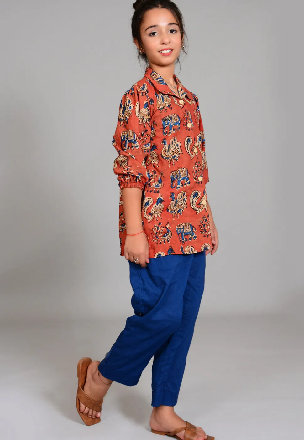 Block Printed Cotton Long Top Set in Rust