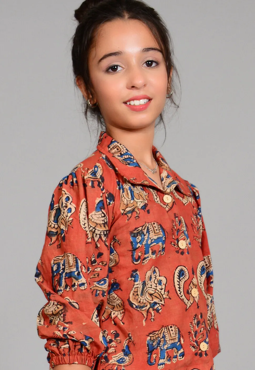 Block Printed Cotton Long Top Set in Rust