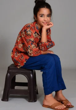 Block Printed Cotton Long Top Set in Rust