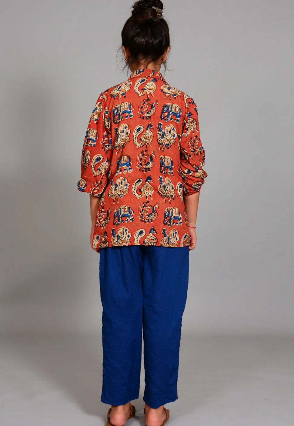 Block Printed Cotton Long Top Set in Rust