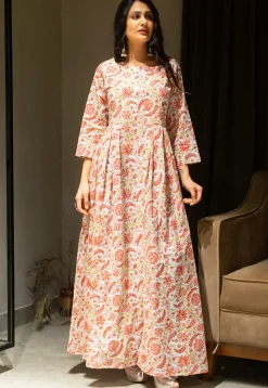 Block Printed Cotton Maxi Dress in White and Red