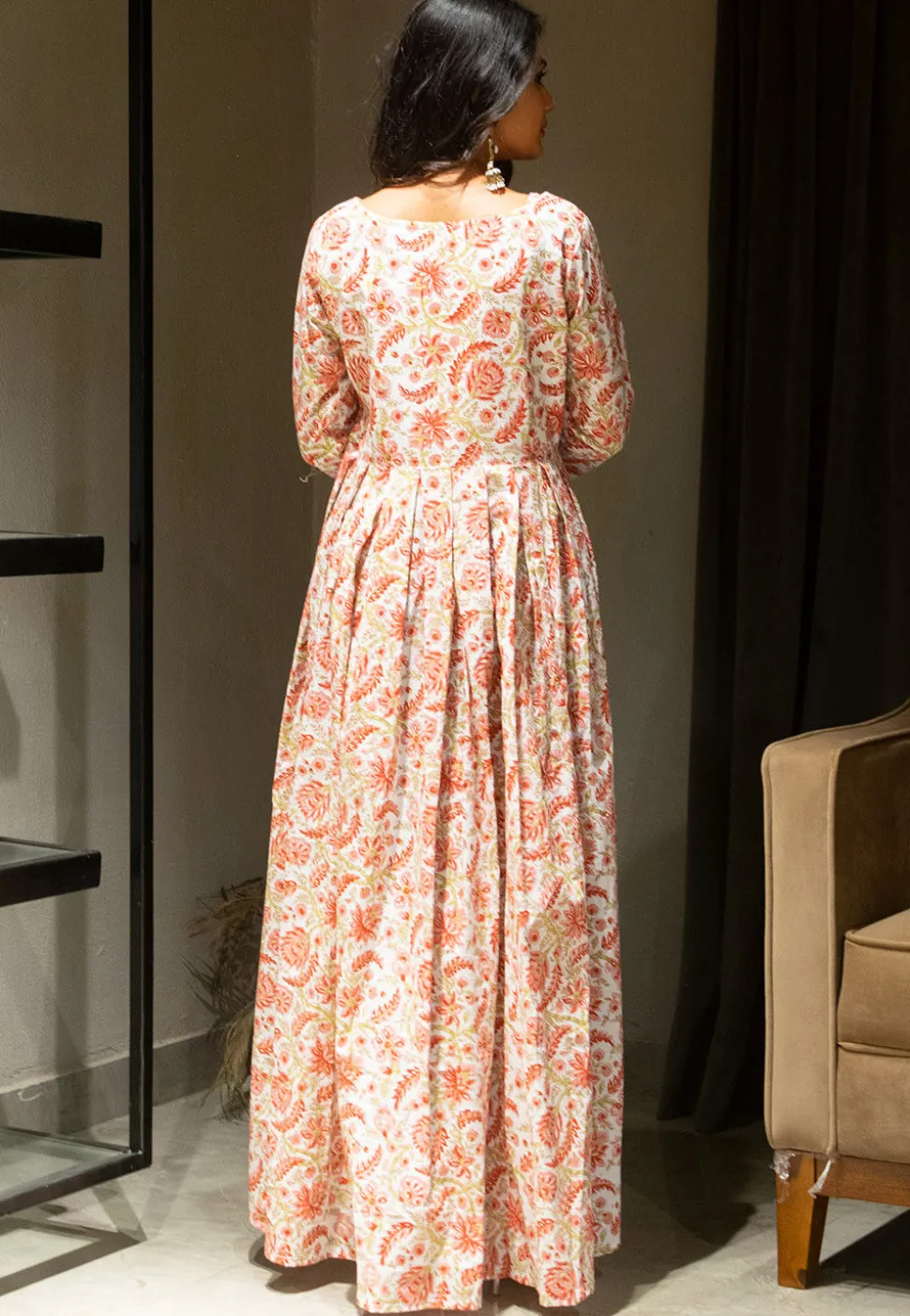 Block Printed Cotton Maxi Dress in White and Red