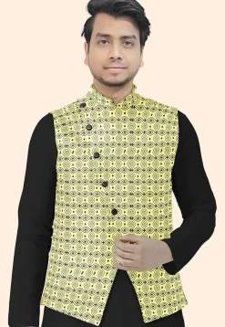 Block Printed Cotton Nehru Jacket in Yellow