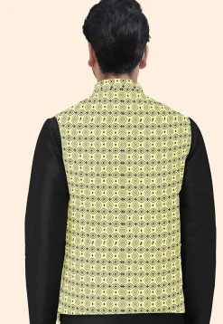 Block Printed Cotton Nehru Jacket in Yellow