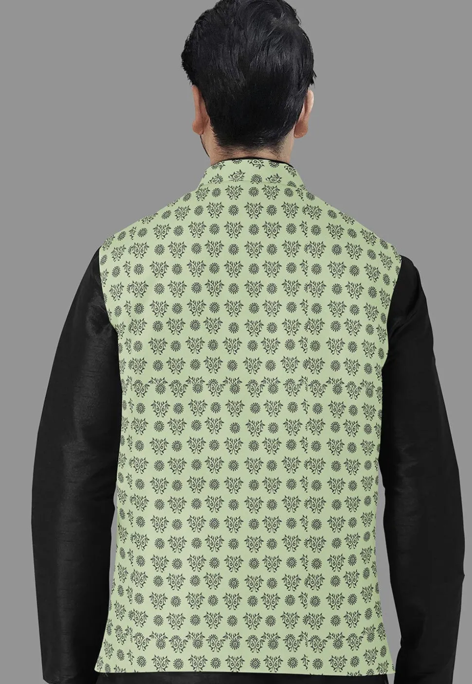 Block Printed Cotton Nehru Jacket in Light Green