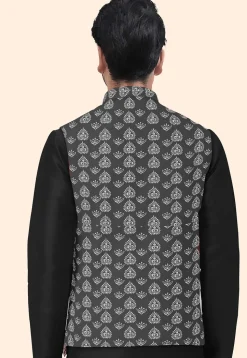 Block Printed Cotton Nehru Jacket in Grey