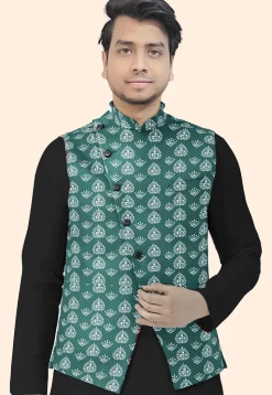 Block Printed Cotton Nehru Jacket in Teal Green
