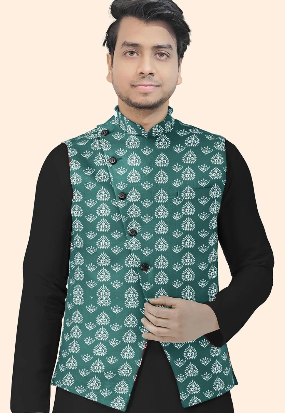 Block Printed Cotton Nehru Jacket in Teal Green