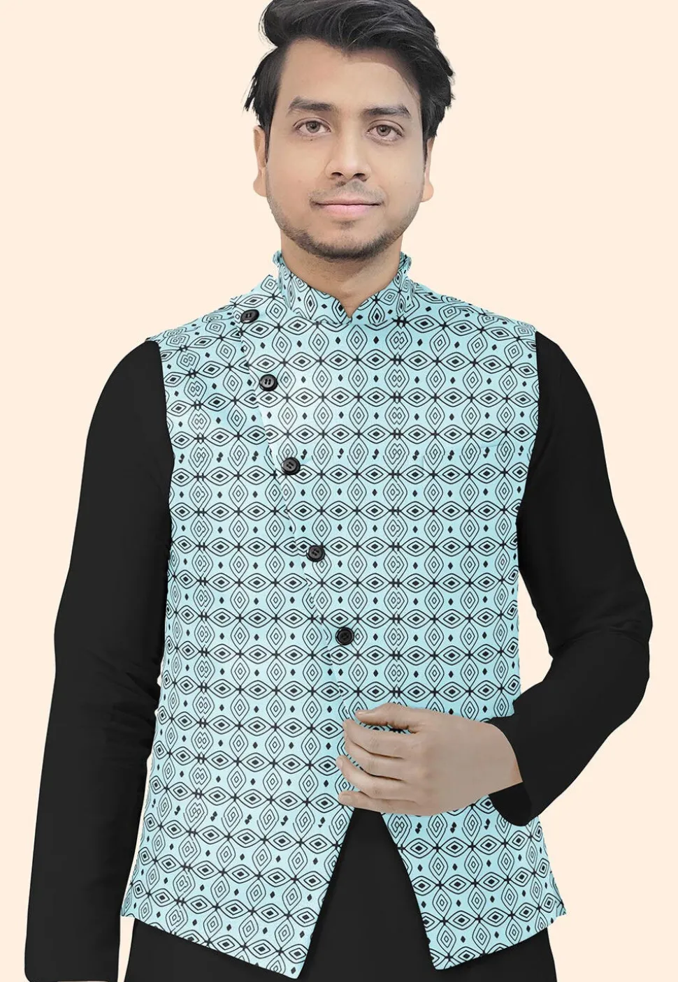 Block Printed Cotton Nehru Jacket in Sky Blue
