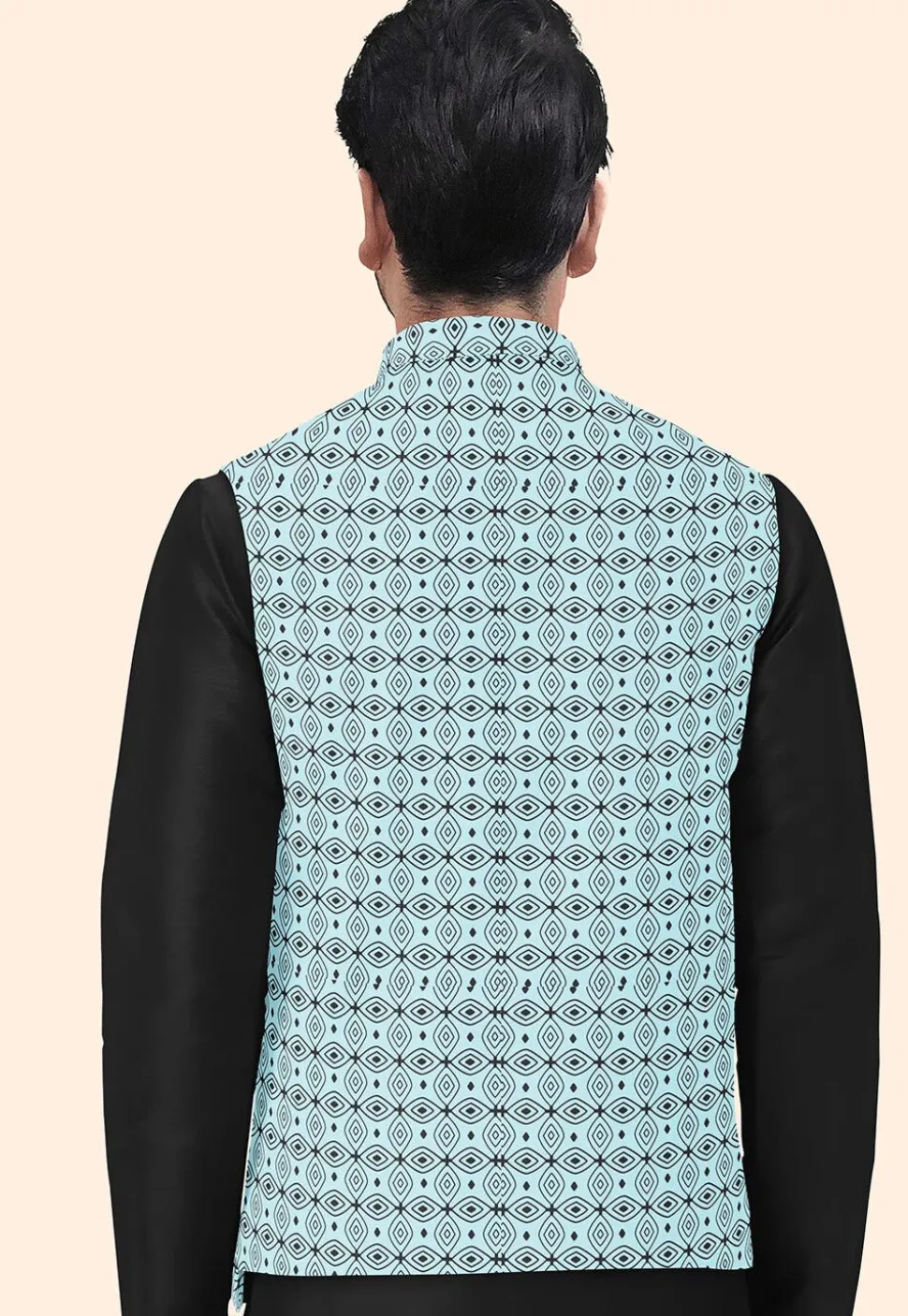 Block Printed Cotton Nehru Jacket in Sky Blue