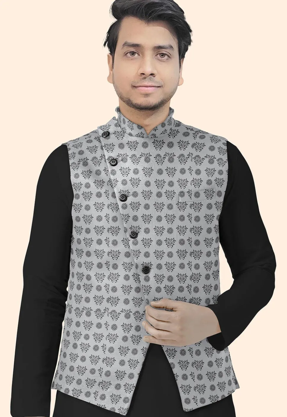 Block Printed Cotton Nehru Jacket in Grey