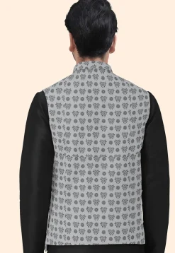 Block Printed Cotton Nehru Jacket in Grey