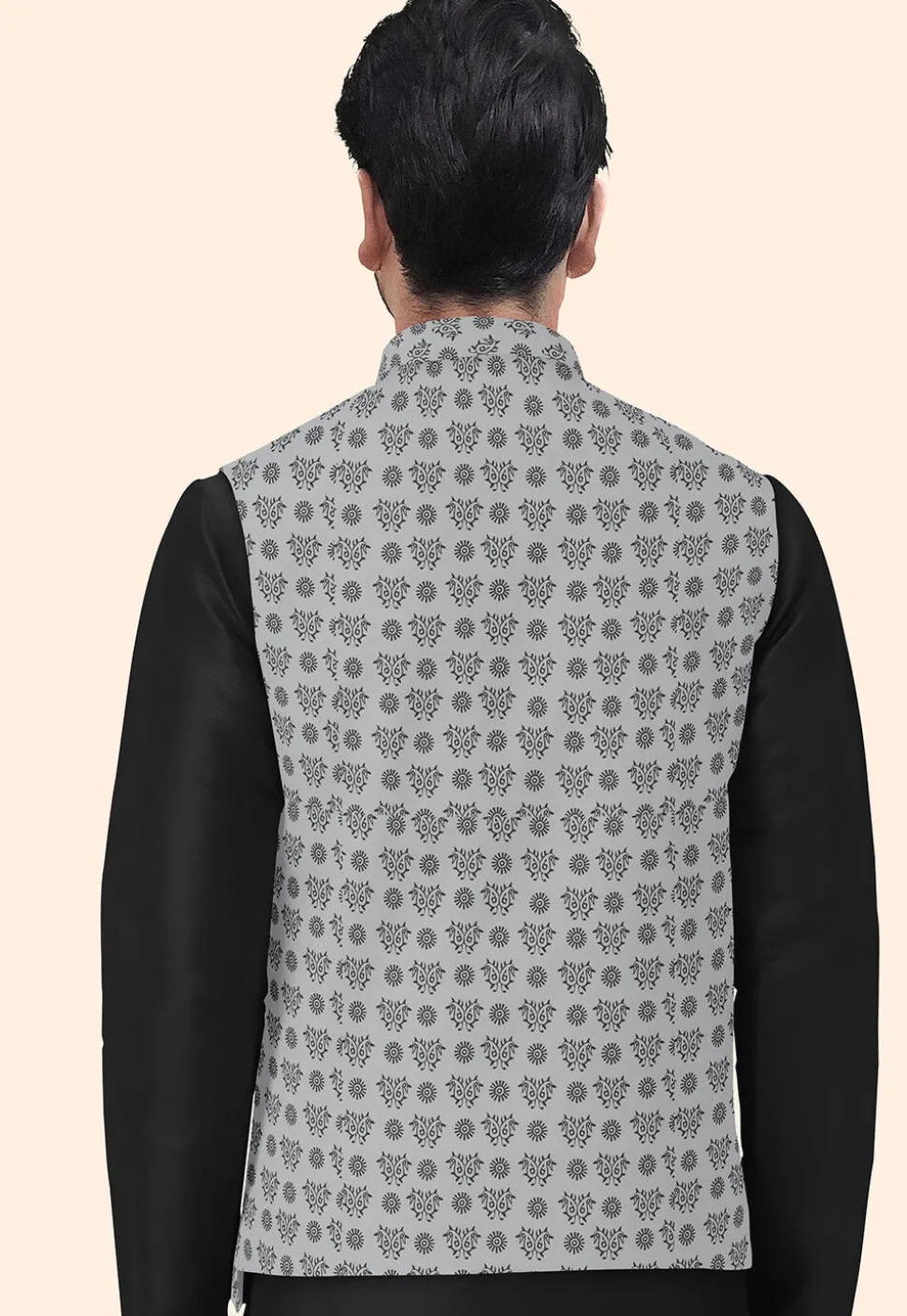 Block Printed Cotton Nehru Jacket in Grey
