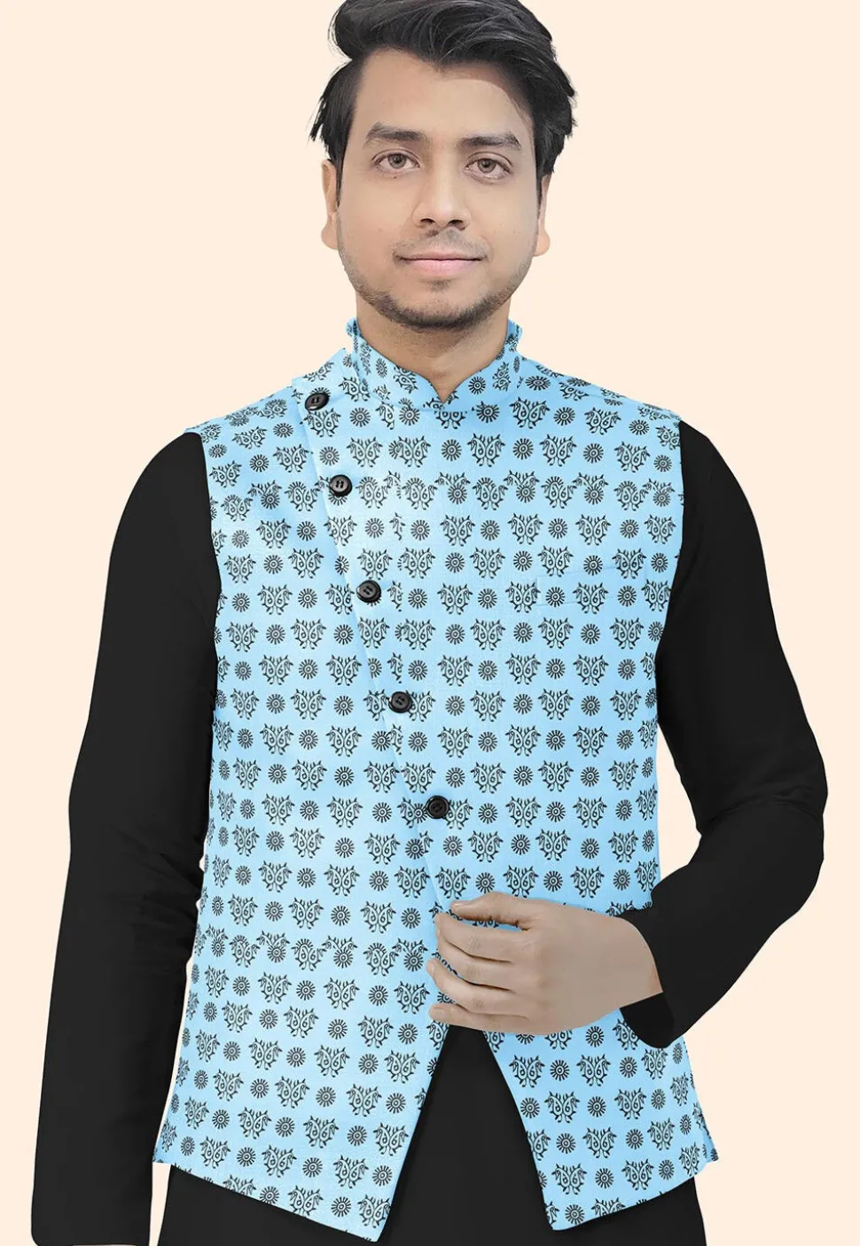 Block Printed Cotton Nehru Jacket in Sky Blue