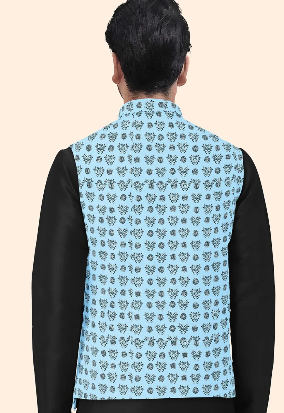 Block Printed Cotton Nehru Jacket in Sky Blue