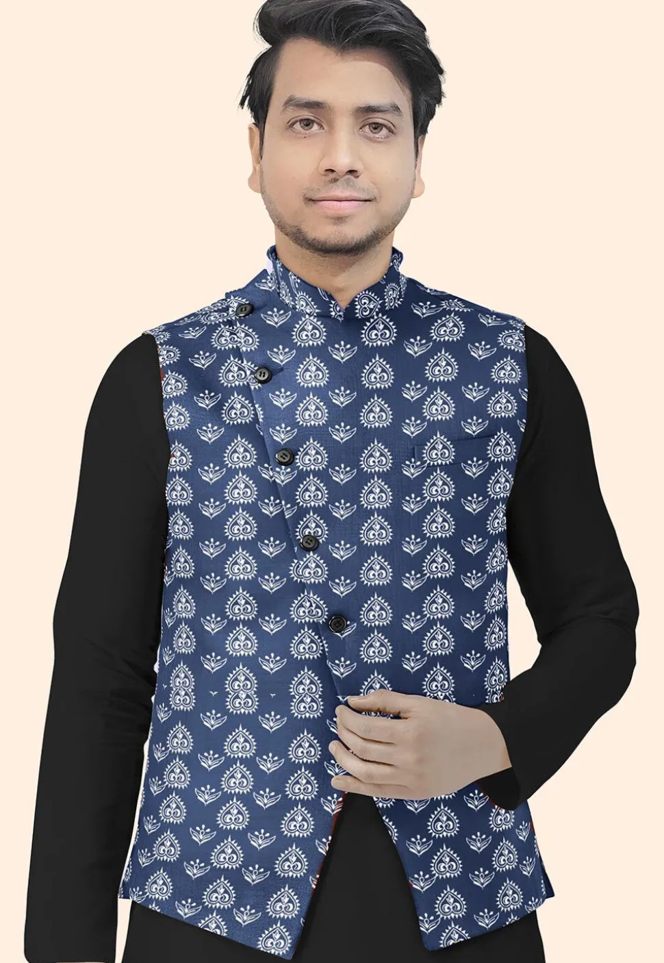 Block Printed Cotton Nehru Jacket in Navy Blue
