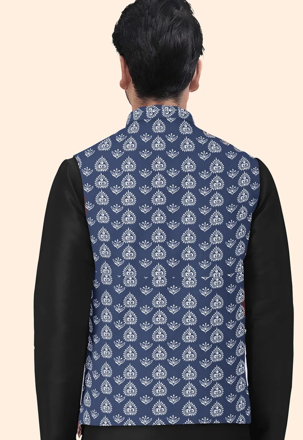 Block Printed Cotton Nehru Jacket in Navy Blue