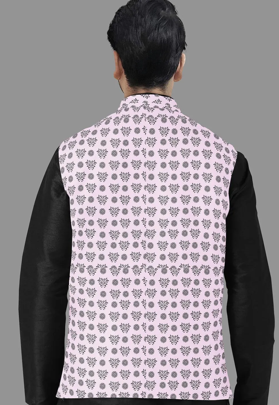 Block Printed Cotton Nehru Jacket in Pink