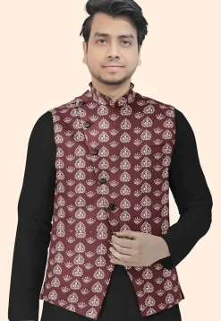 Block Printed Cotton Nehru Jacket in Maroon