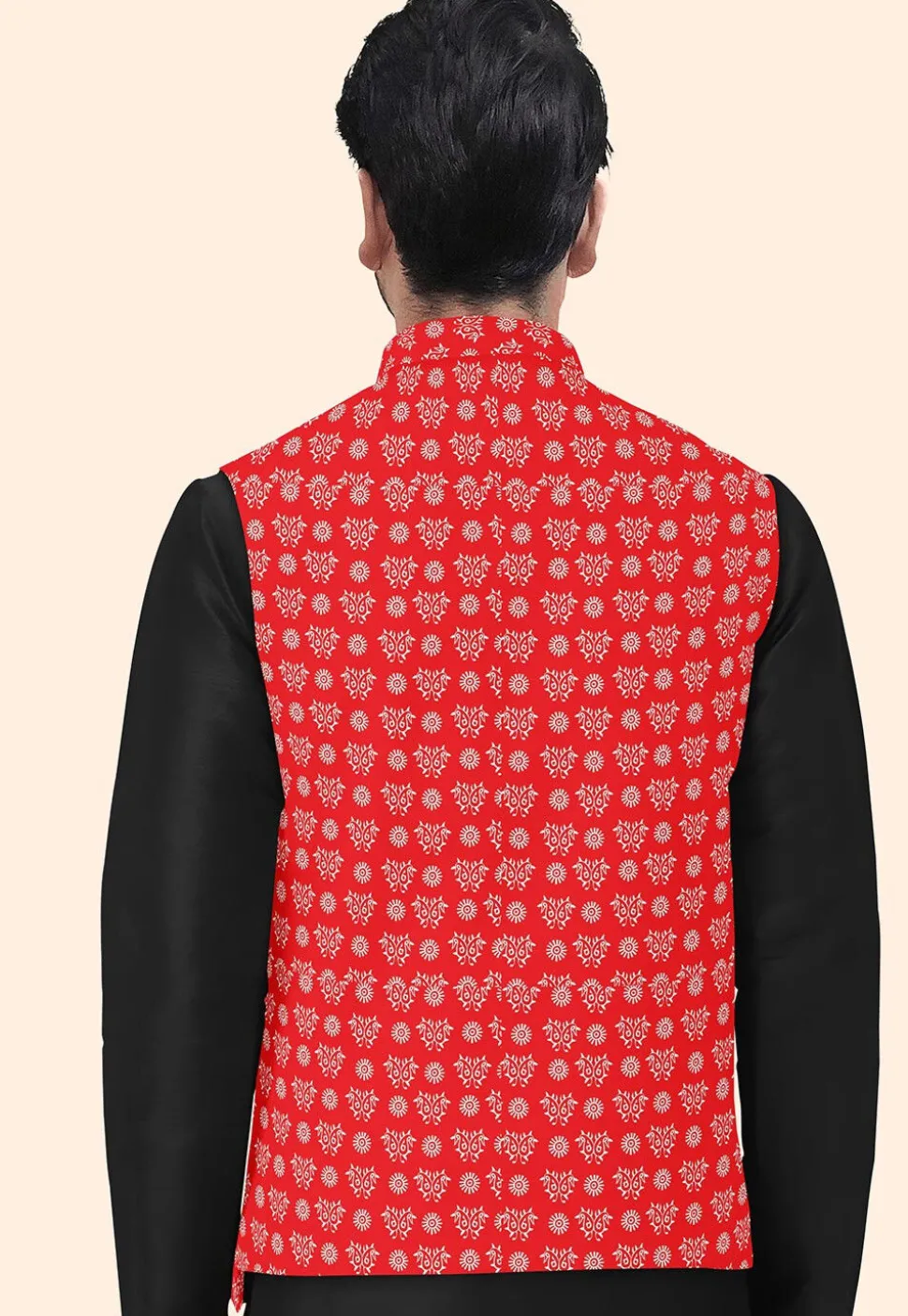 Block Printed Cotton Nehru Jacket in Red