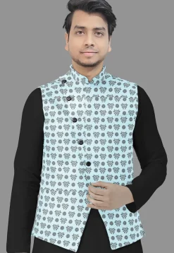 Block Printed Cotton Nehru Jacket in Light Blue