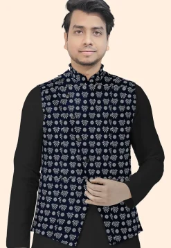 Block Printed Cotton Nehru Jacket in Navy Blue