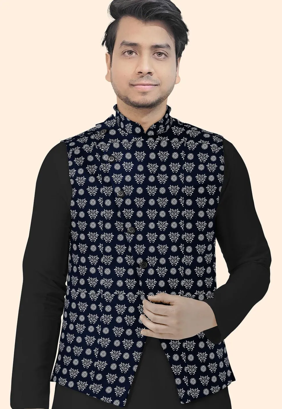 Block Printed Cotton Nehru Jacket in Navy Blue