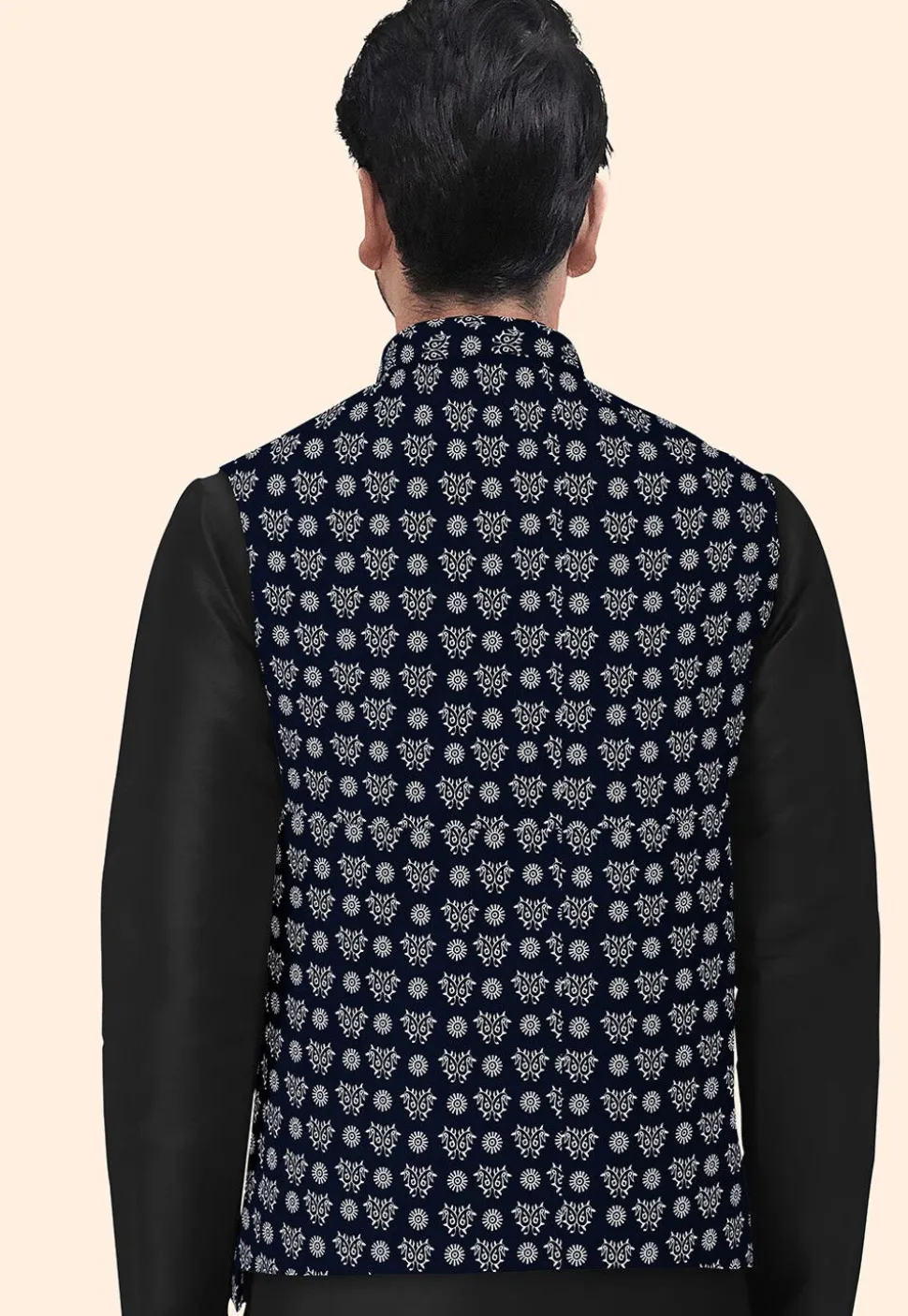 Block Printed Cotton Nehru Jacket in Navy Blue