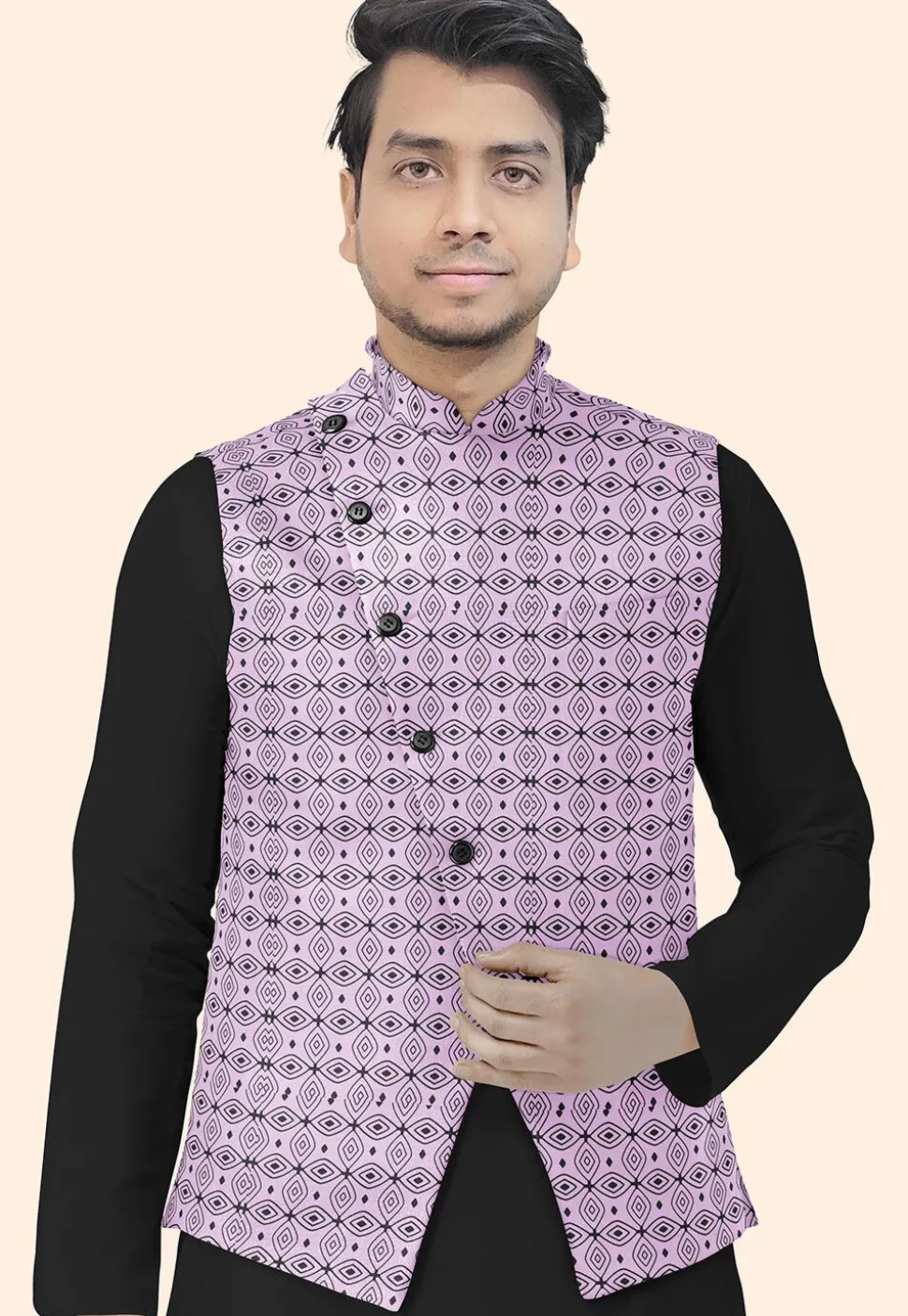 Block Printed Cotton Nehru Jacket in Light Purple