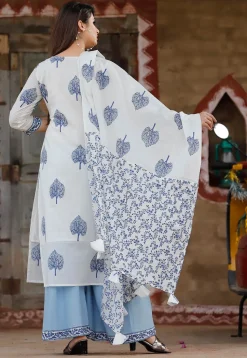 Block Printed Cotton Pakistani Suit in Off White