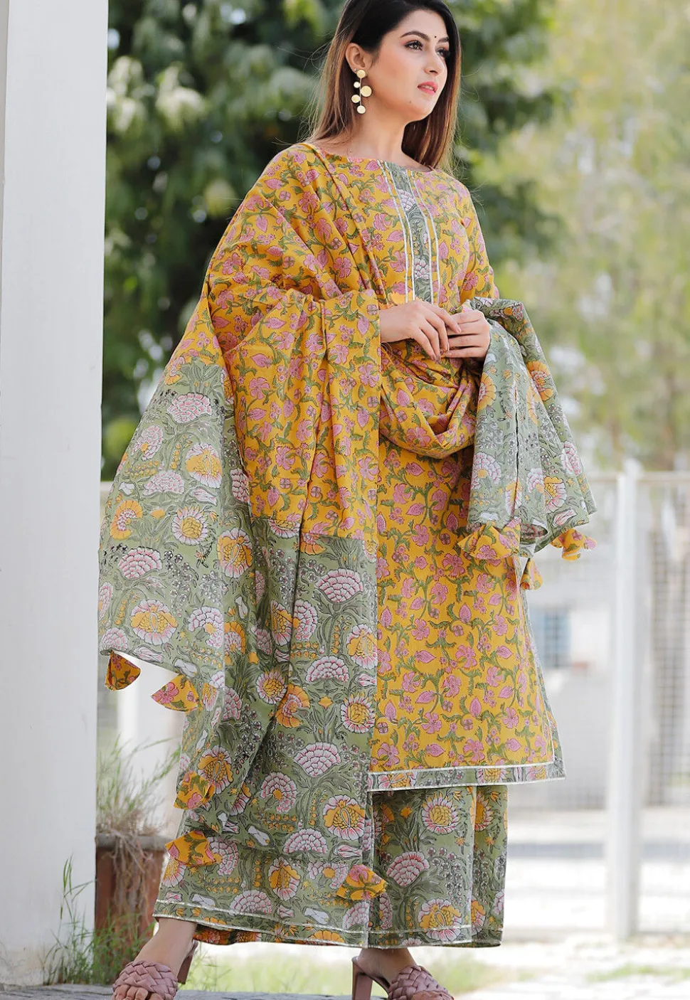 Block Printed Cotton Pakistani Suit in Mustard