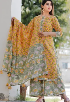 Block Printed Cotton Pakistani Suit in Mustard