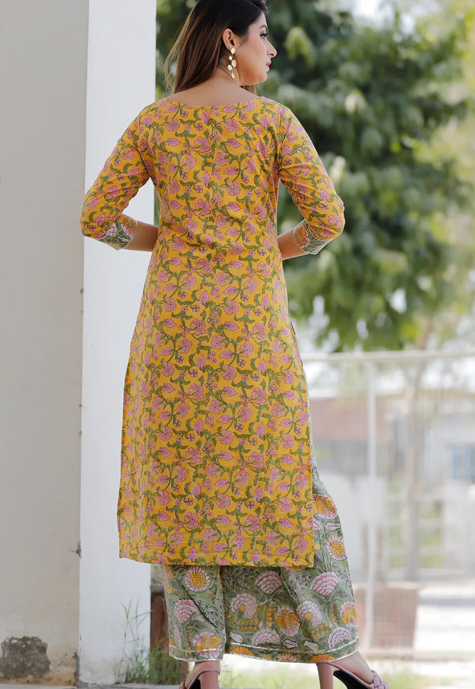 Block Printed Cotton Pakistani Suit in Mustard