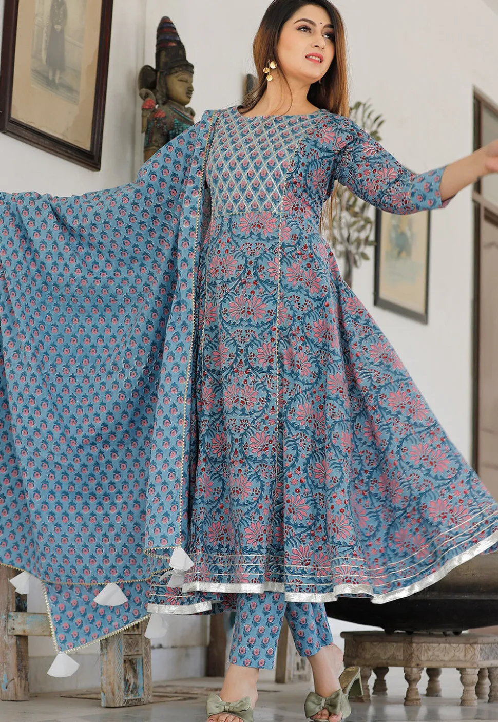 Block Printed Cotton Pakistani Suit in Light Blue