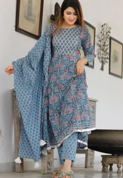 Block Printed Cotton Pakistani Suit in Light Blue