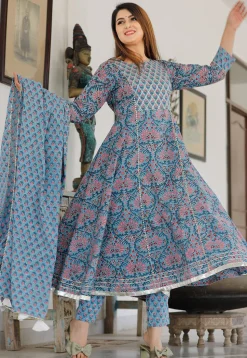 Block Printed Cotton Pakistani Suit in Light Blue
