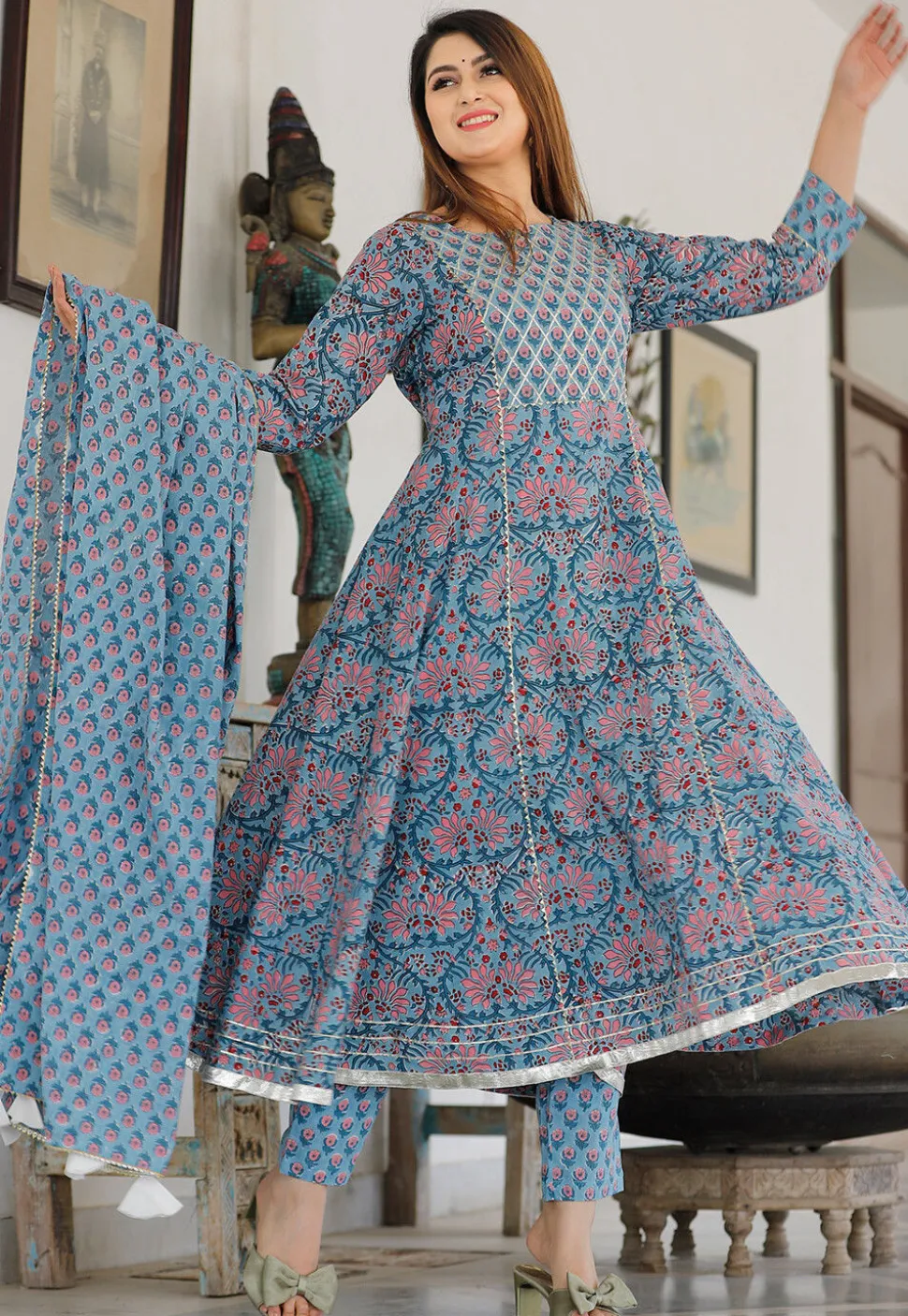 Block Printed Cotton Pakistani Suit in Light Blue