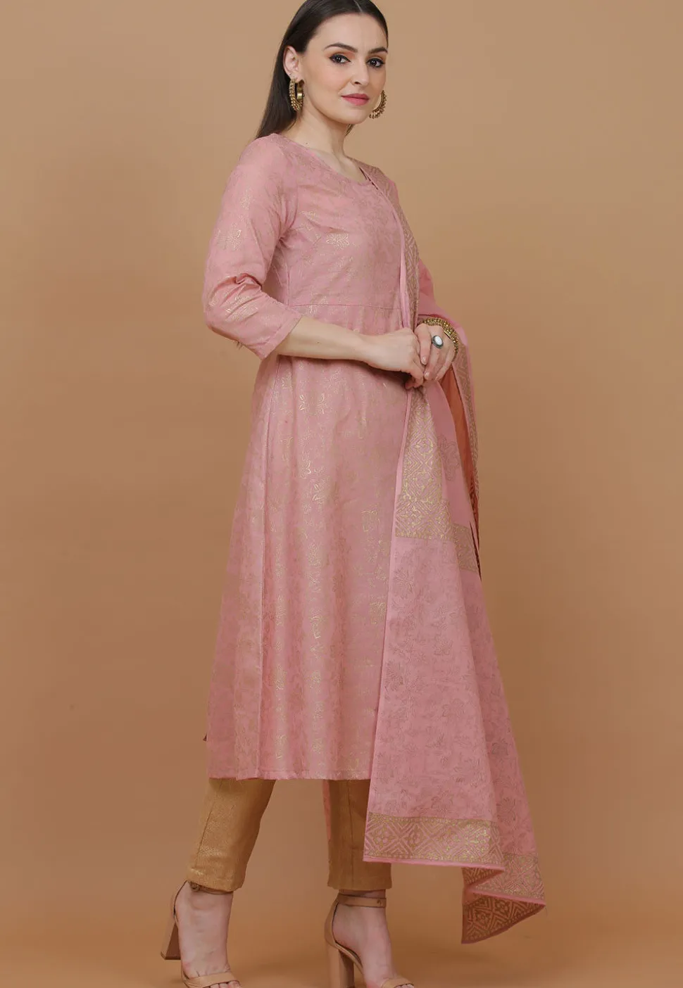 Block Printed Cotton Pakistani Suit in Pink