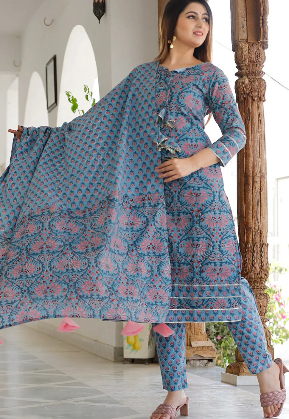 Block Printed Cotton Pakistani Suit in Light Blue