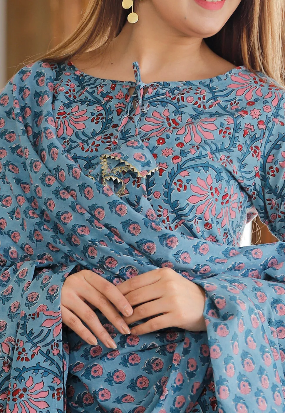 Block Printed Cotton Pakistani Suit in Light Blue