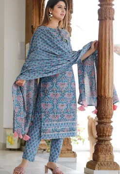 Block Printed Cotton Pakistani Suit in Light Blue