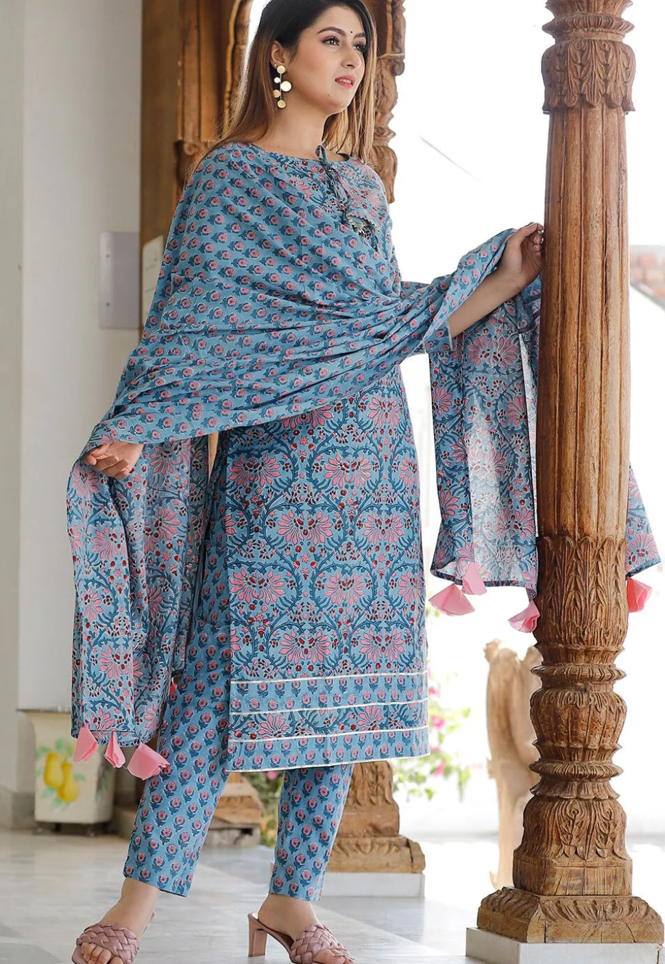 Block Printed Cotton Pakistani Suit in Light Blue