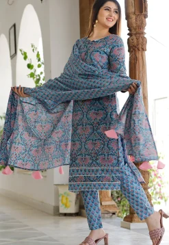 Block Printed Cotton Pakistani Suit in Light Blue