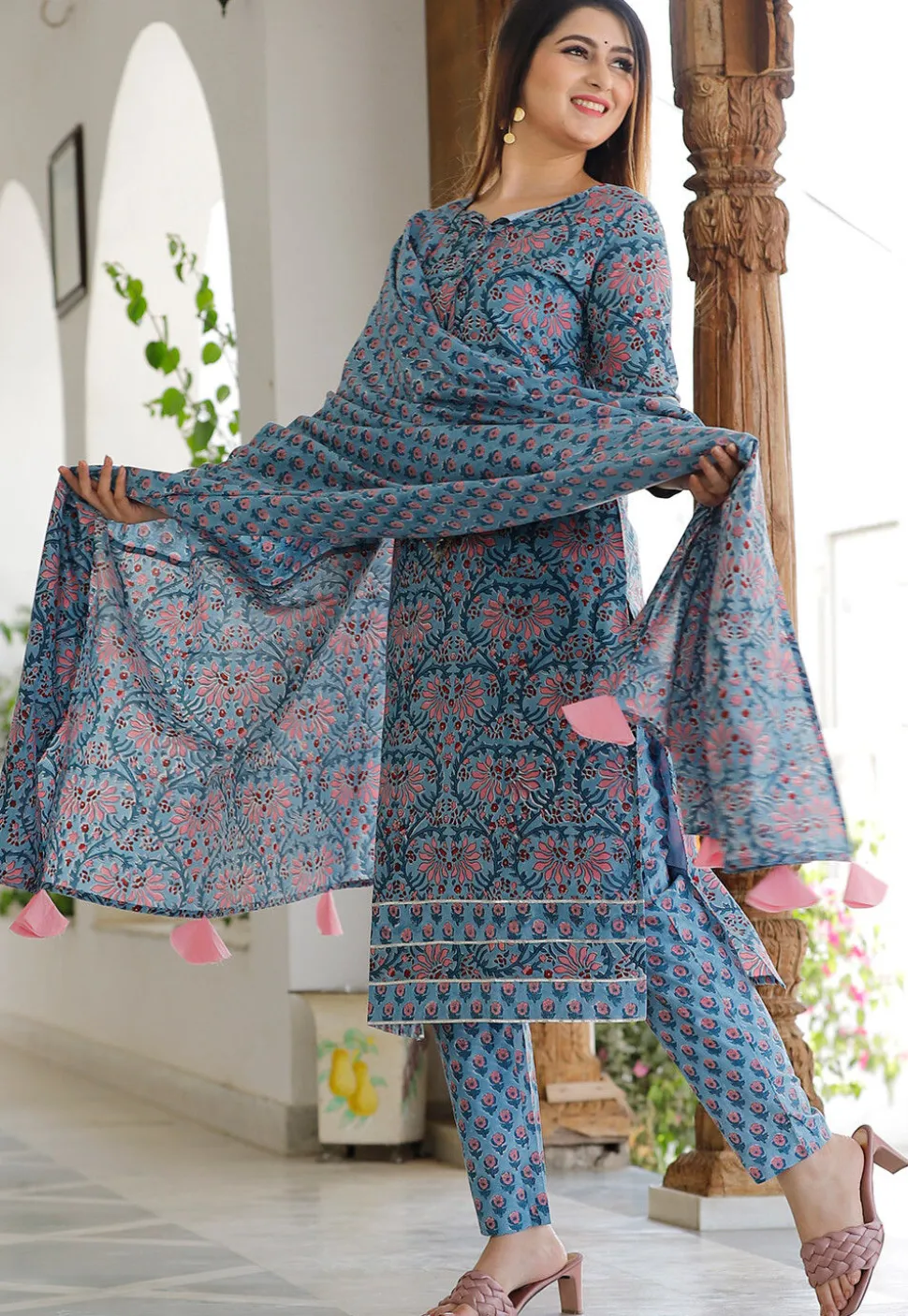 Block Printed Cotton Pakistani Suit in Light Blue