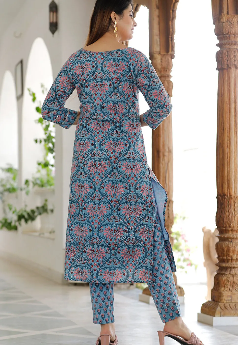 Block Printed Cotton Pakistani Suit in Light Blue
